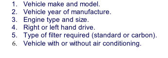Vehicle make and model. Vehicle year of manufacture. Engine type and size. Right or left hand drive. Type of filter required (standard or carbon). Vehicle with or without air conditioning.